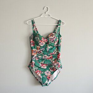 Women's Sz 8 Green Floral Sweetheart One Piece Stretch Ruched Swim‎ Bathing Suit